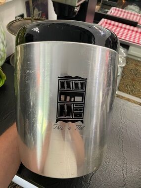 Vintage West Bend Stainless Silver Canister with Black Lid - "This 'n That"